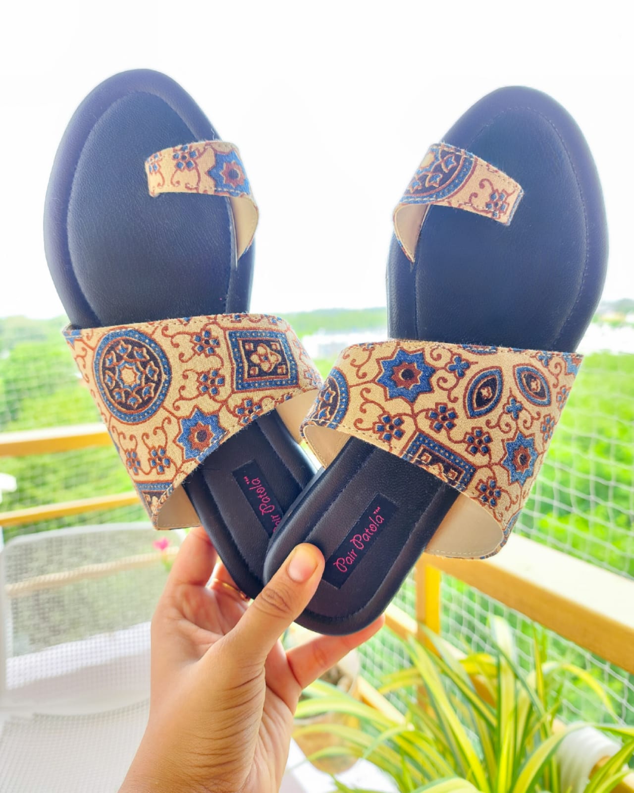 Contemporary Cut Blue Motif Flats Slip Ons