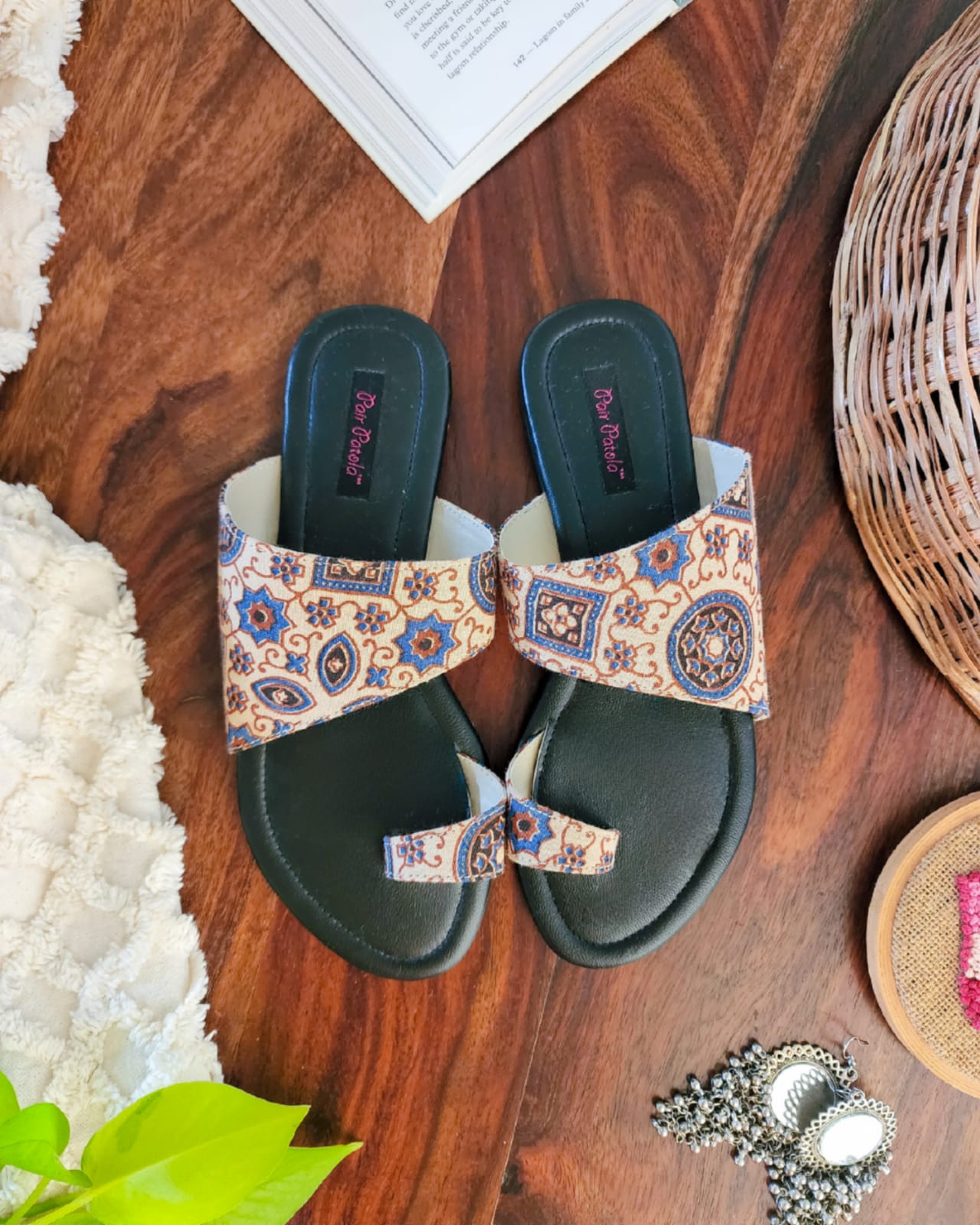Contemporary Cut Blue Motif Flats Slip Ons