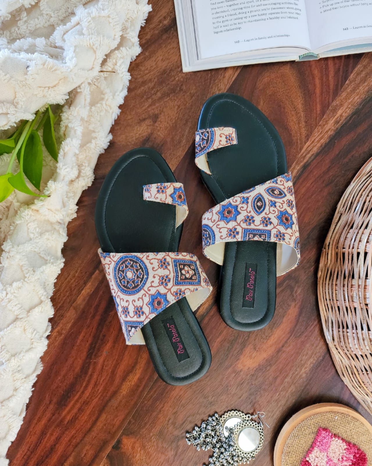 Contemporary Cut Blue Motif Flats Slip Ons