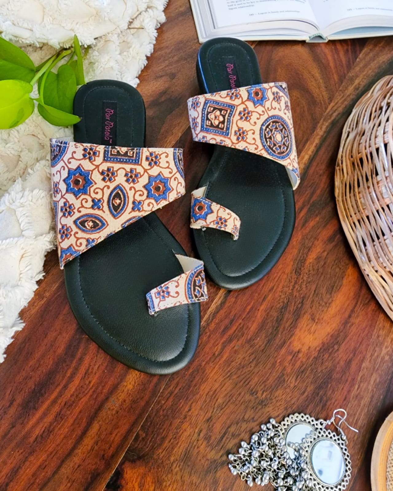 Contemporary Cut Blue Motif Flats Slip Ons