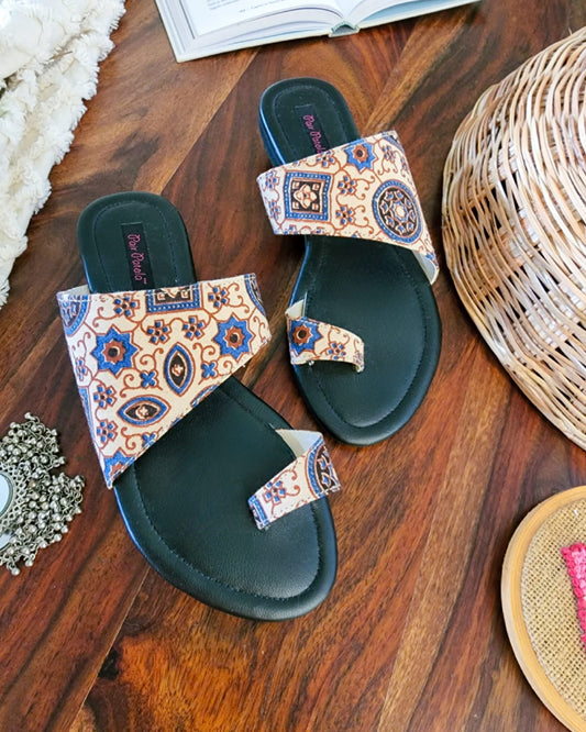 Contemporary Cut Blue Motif Flats Slip Ons